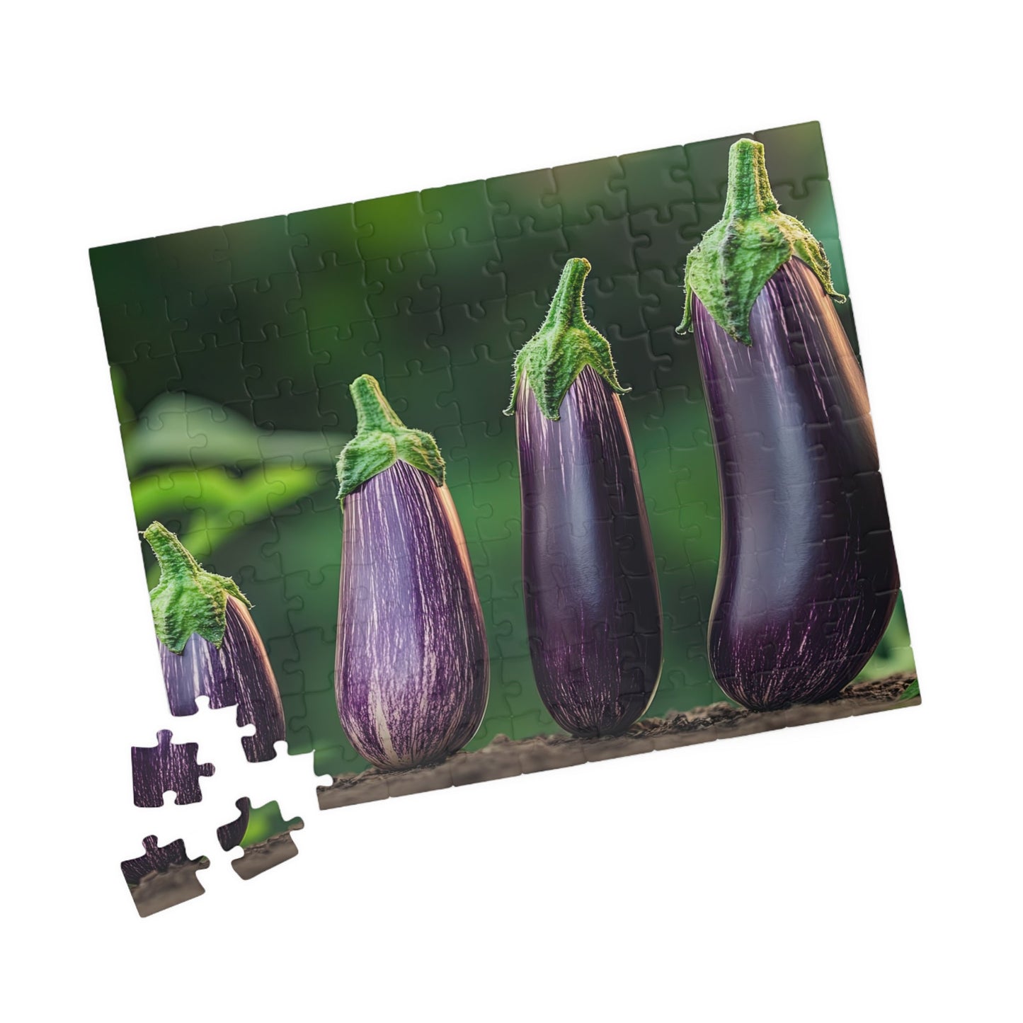 Jigsaw puzzle with eggplant design on a white background