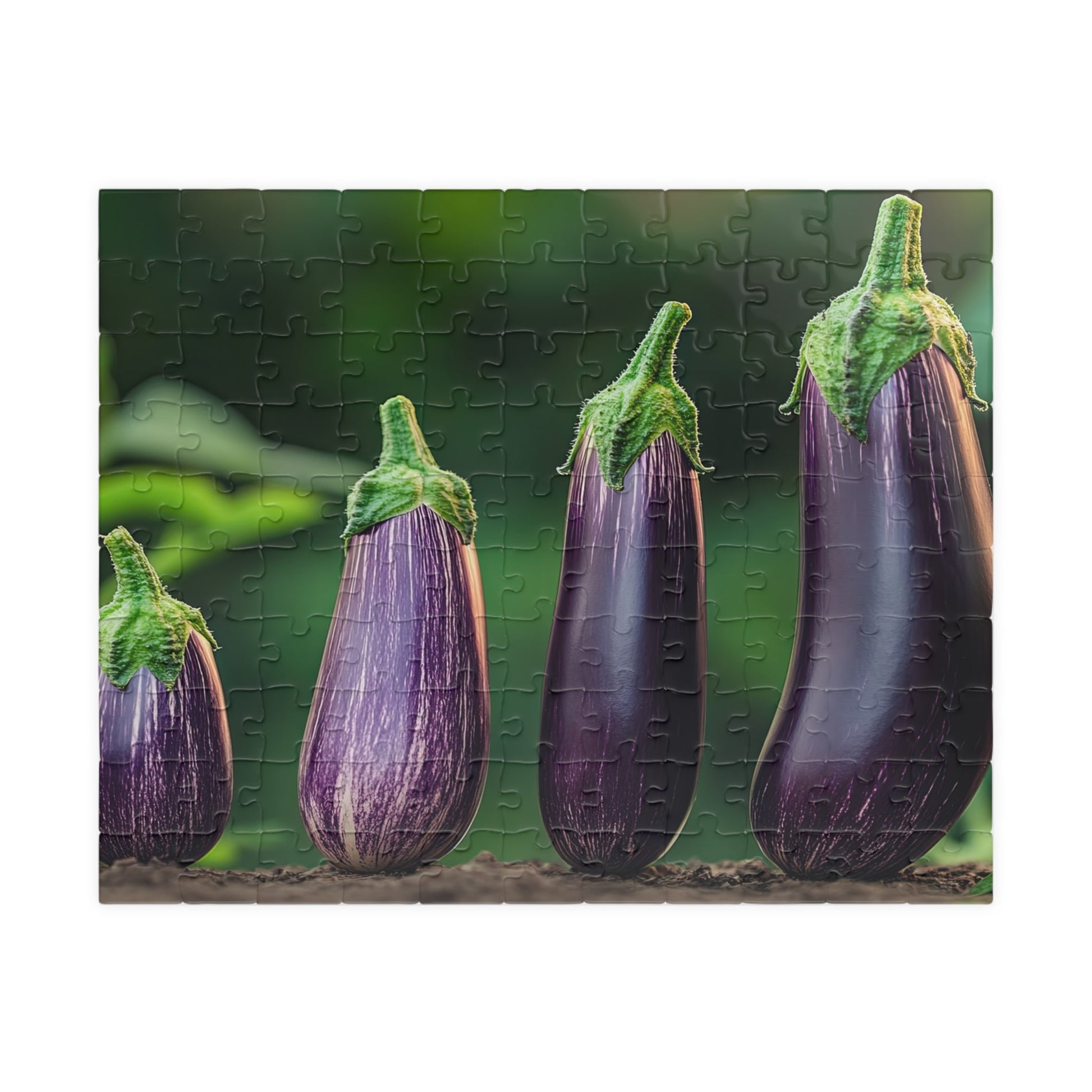 Jigsaw puzzle with an eggplant design on a green background