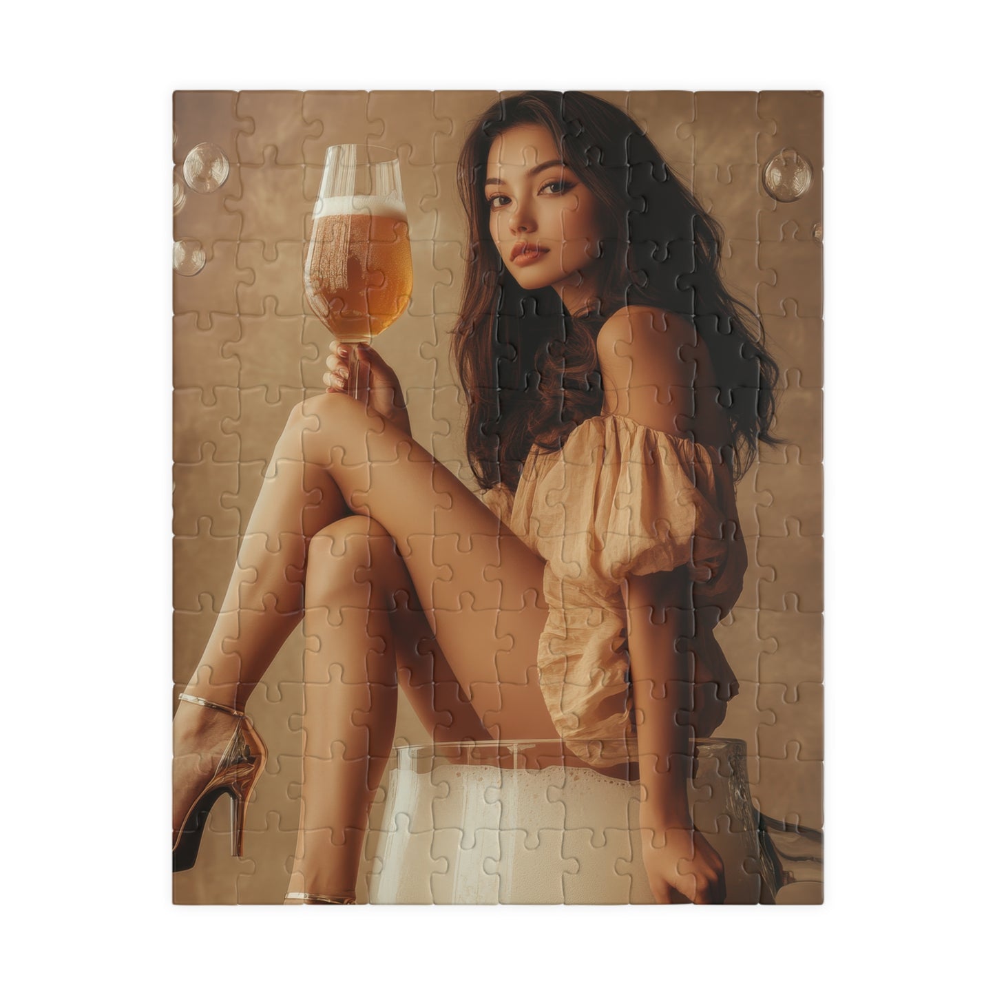 Jigsaw puzzle with a woman holding a glass of beer on a beige background